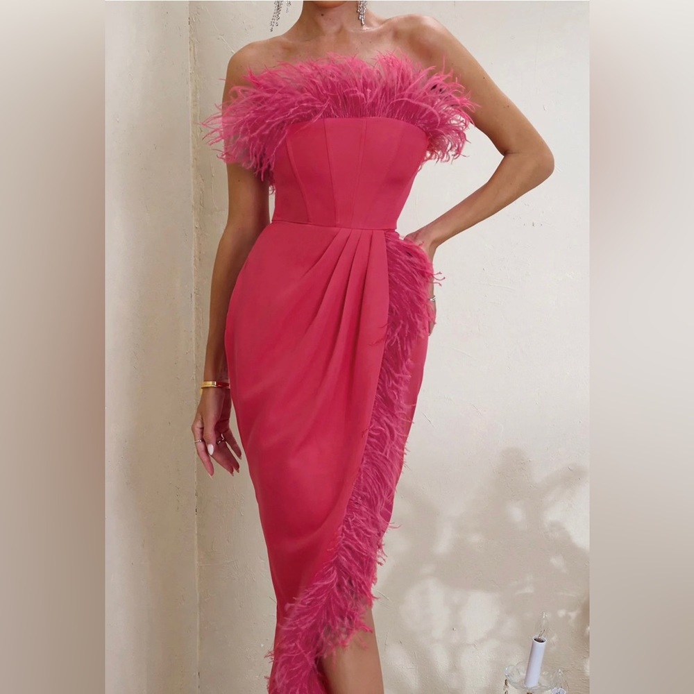 HOT PINK BANDEAU CORSET MIDI DRESS WITH FEATHER TRIM